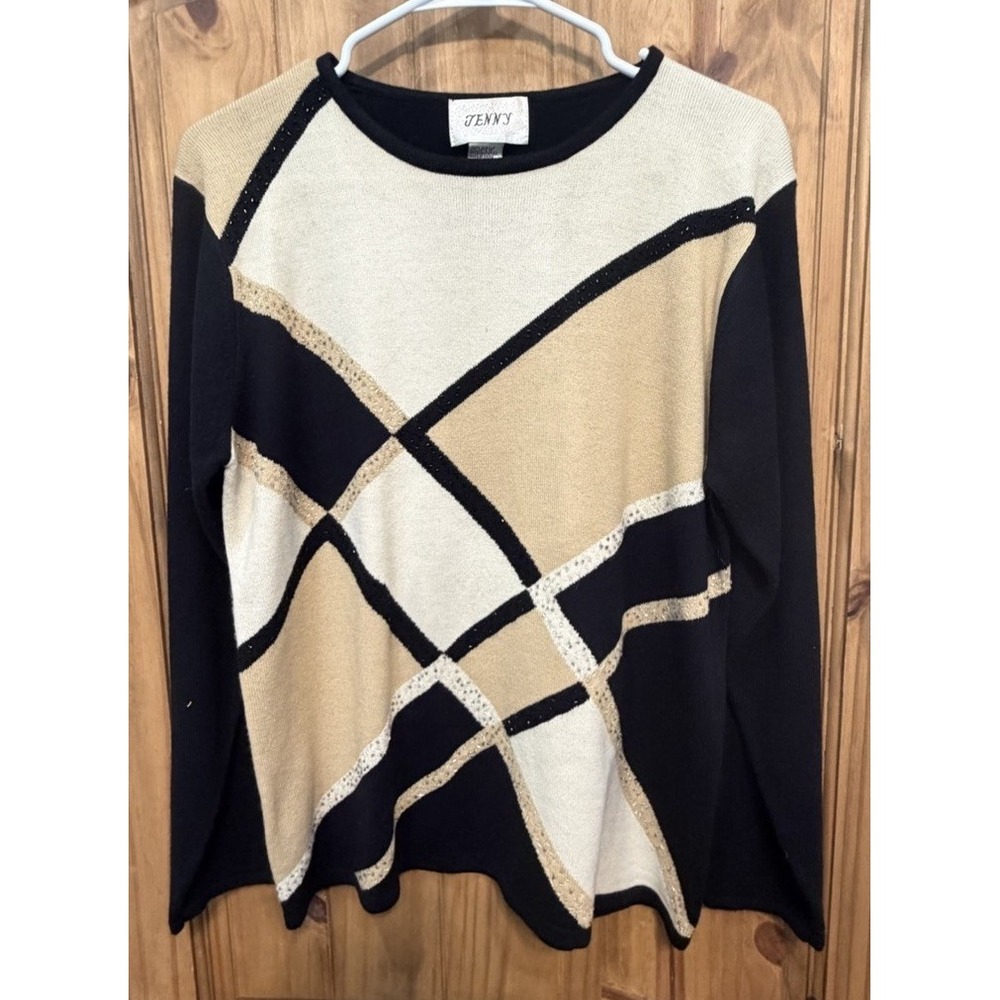 ✈️Jenny Womens L Abstract Geometric Sweater Black Tan Ivory Metallic Vintage